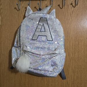 Justice Silver Sequin Backpack with Initial A